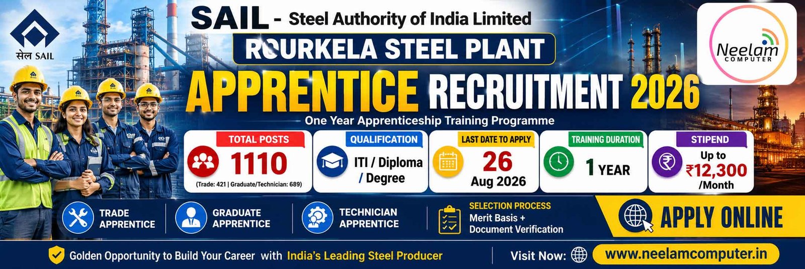 You are currently viewing SAIL Rourkela Apprentice Recruitment 2026: 1110 पदों पर भर्ती, ITI/Diploma/Degree पास करें आवेदन | Last Date 26 August 2026